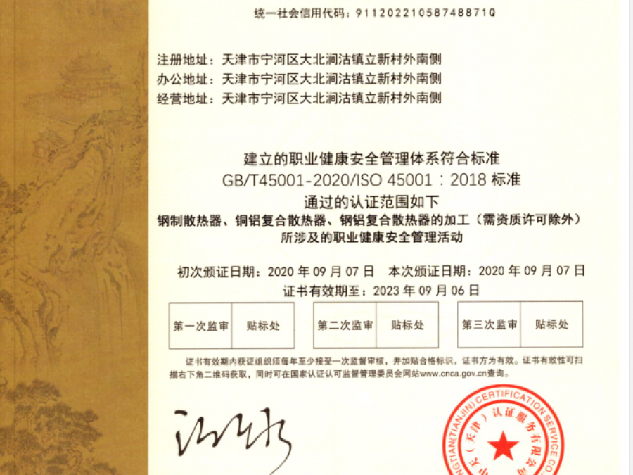 職業(yè)健康安全管理體系認(rèn)證證書